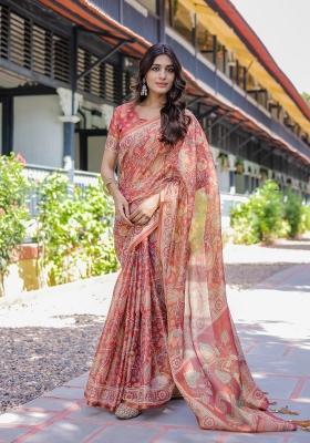 Rust Printed Cotton Saree Set