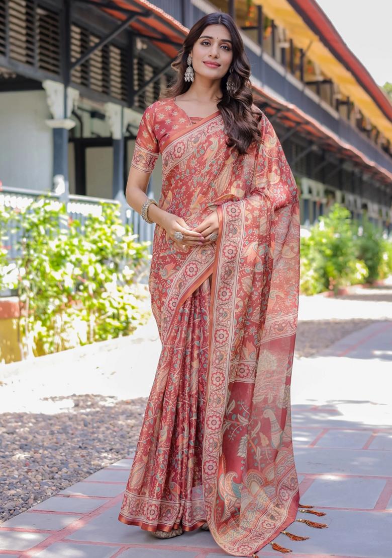 Rust Printed Cotton Saree Set