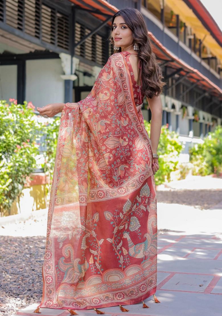 Rust Printed Cotton Saree Set