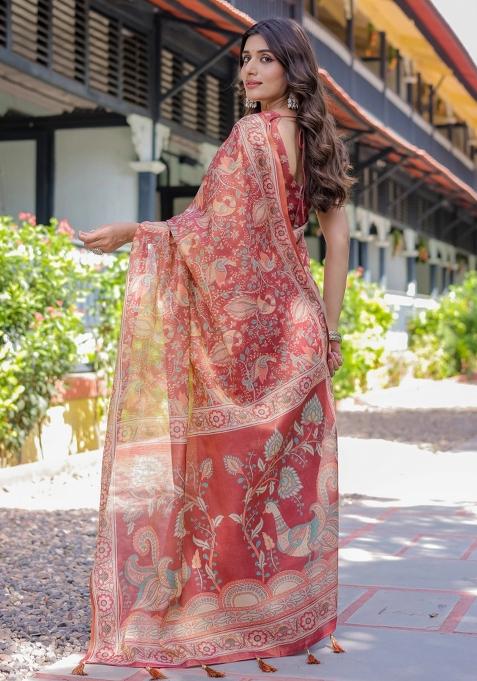 Rust Printed Cotton Saree Set