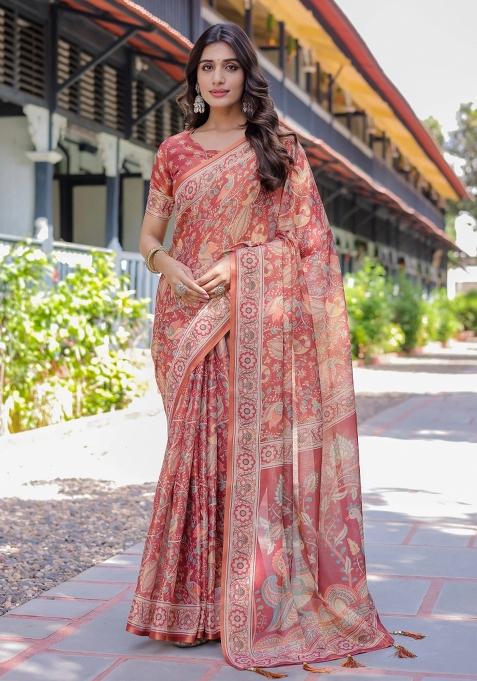 Rust Printed Cotton Saree Set