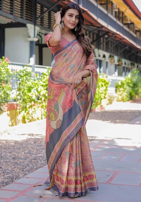 Peach Printed Cotton Saree Set