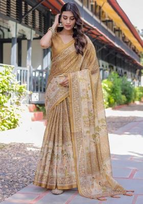 Mustard Printed Cotton Saree Set