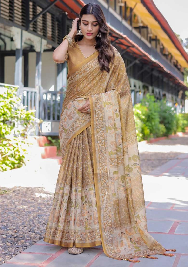 Mustard Printed Cotton Saree Set - Indya