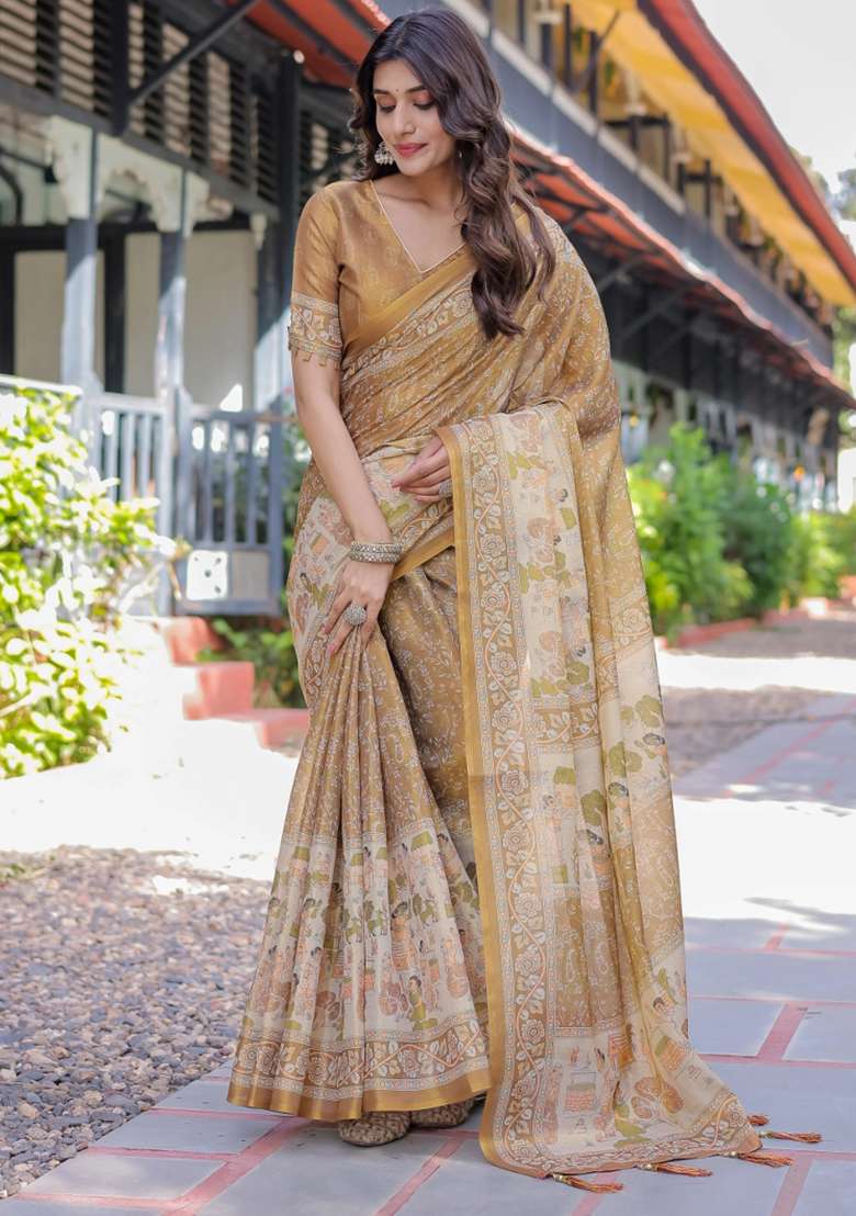Mustard Printed Cotton Saree Set - Indya