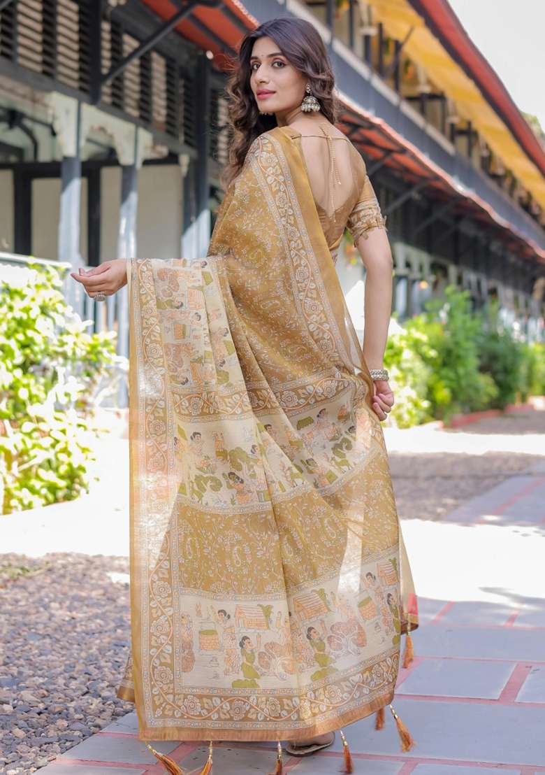 Mustard Printed Cotton Saree Set - Indya
