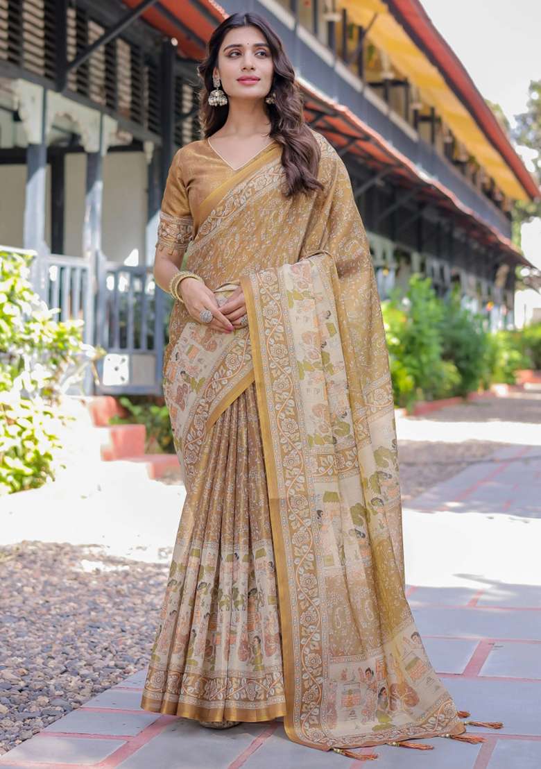 Mustard Printed Cotton Saree Set - Indya