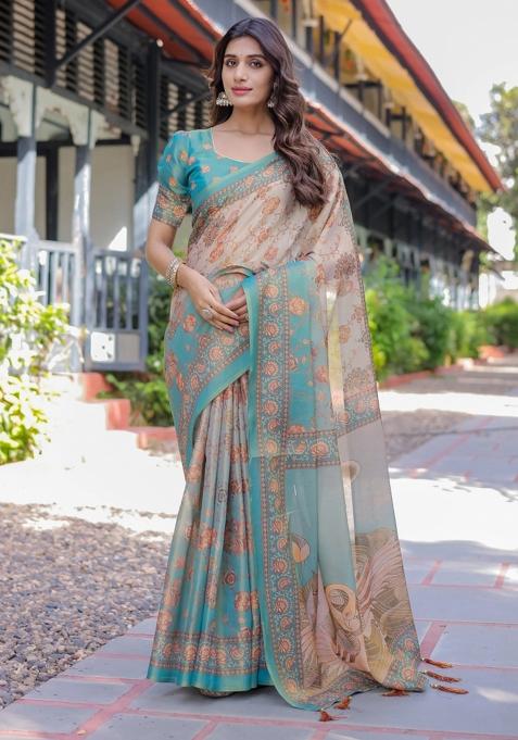 Teal Printed Cotton Saree Set