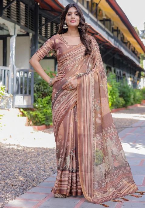 Blue Printed Cotton Saree Set