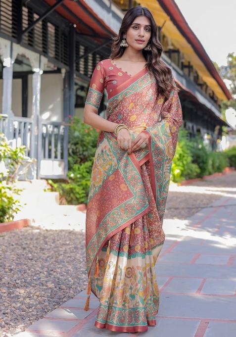 Rust Printed Cotton Saree Set