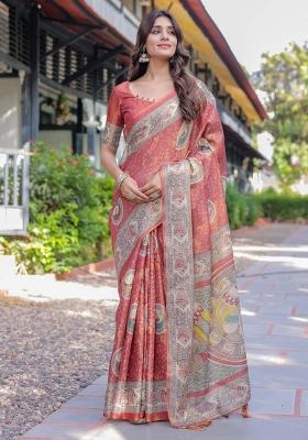 Rust Printed Cotton Saree Set