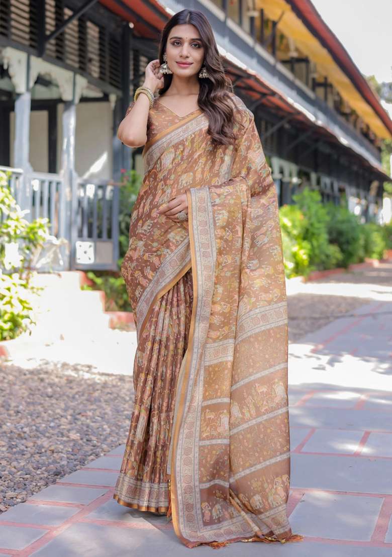Blue Printed Cotton Saree Set - Indya