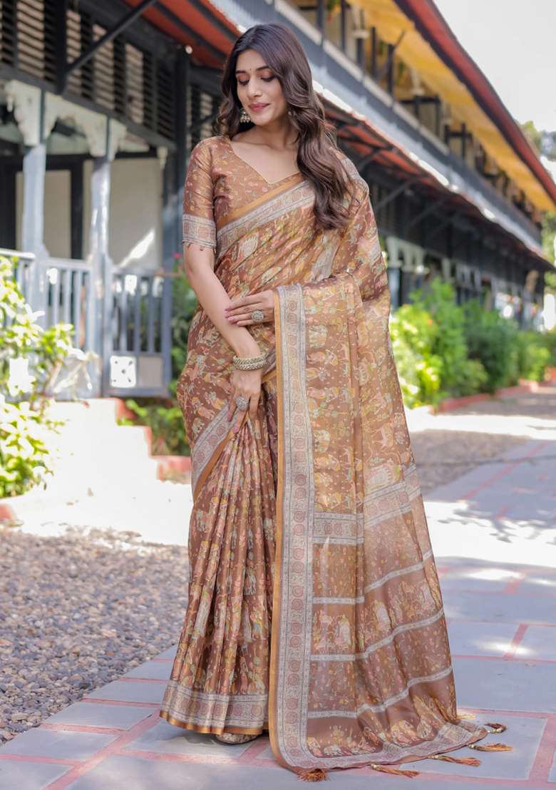 Blue Printed Cotton Saree Set - Indya