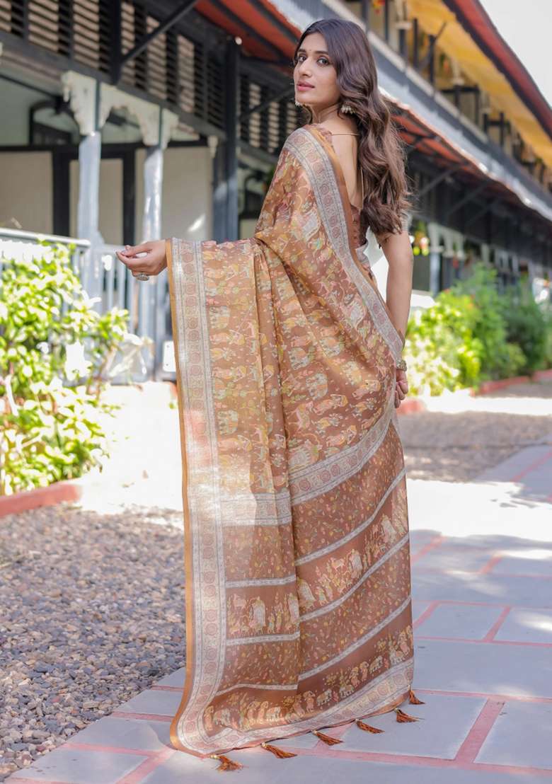 Blue Printed Cotton Saree Set - Indya