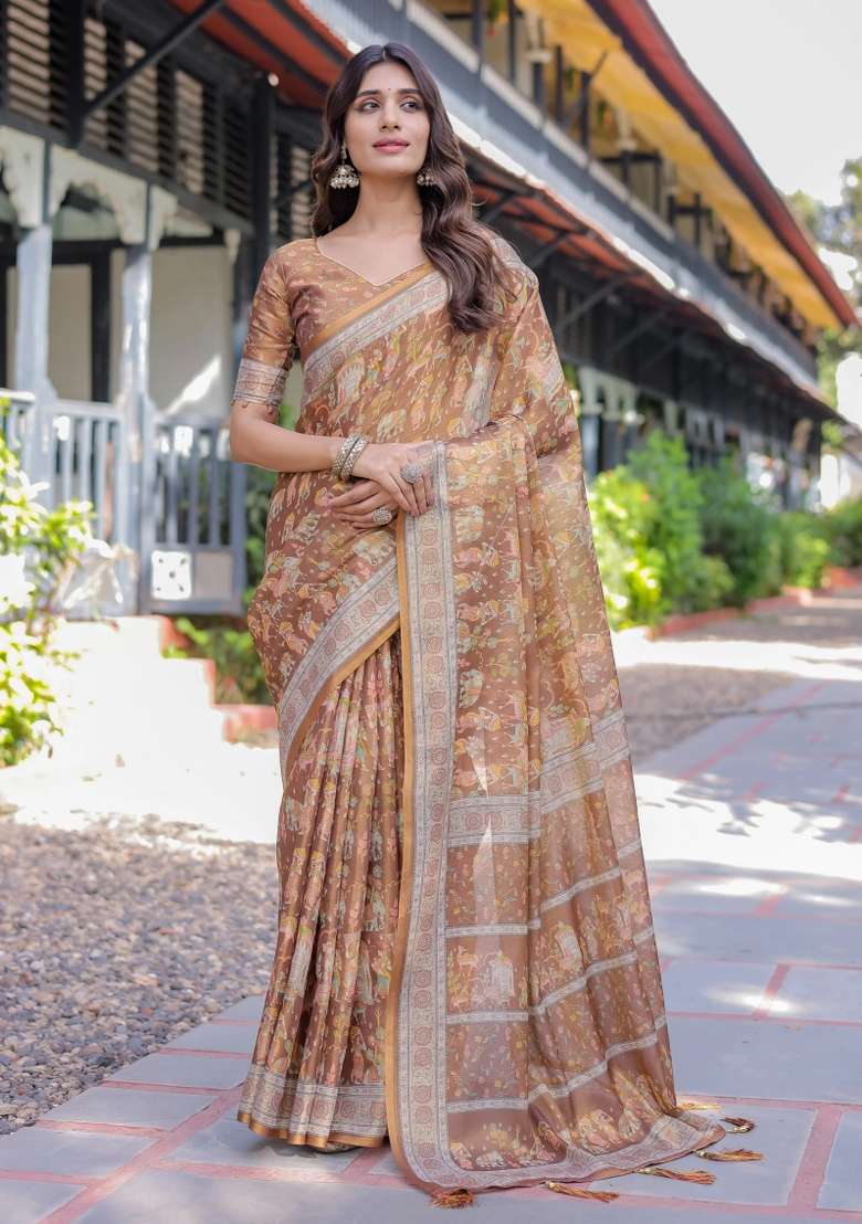 Blue Printed Cotton Saree Set - Indya