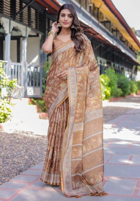 Blue Printed Cotton Saree Set