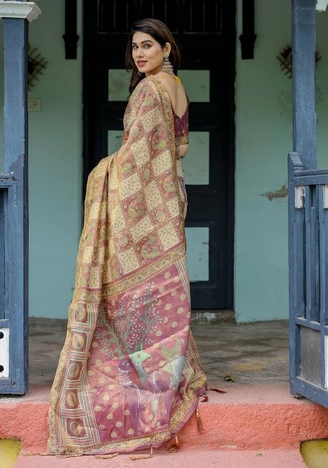 Cream Printed Cotton Saree Set