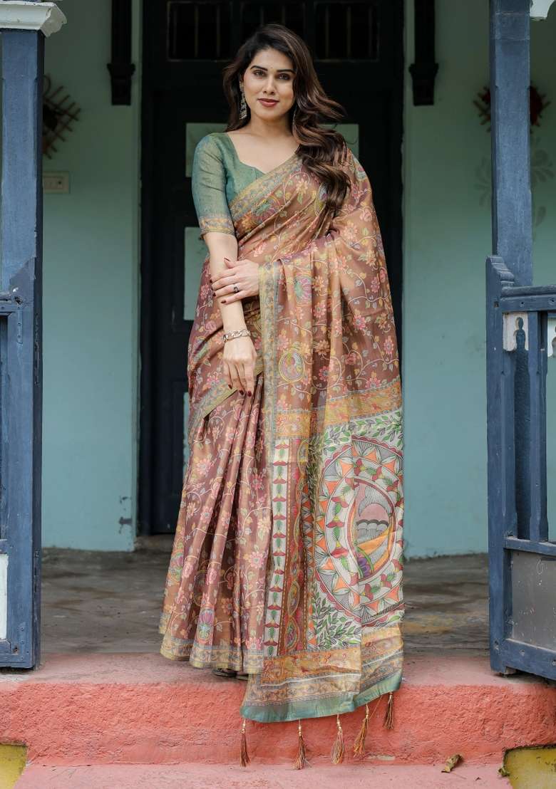 Rust Printed Cotton Saree Set - Indya
