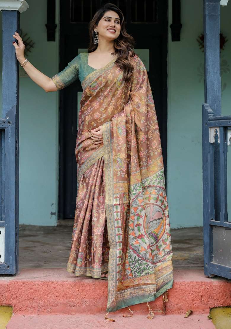 Rust Printed Cotton Saree Set - Indya