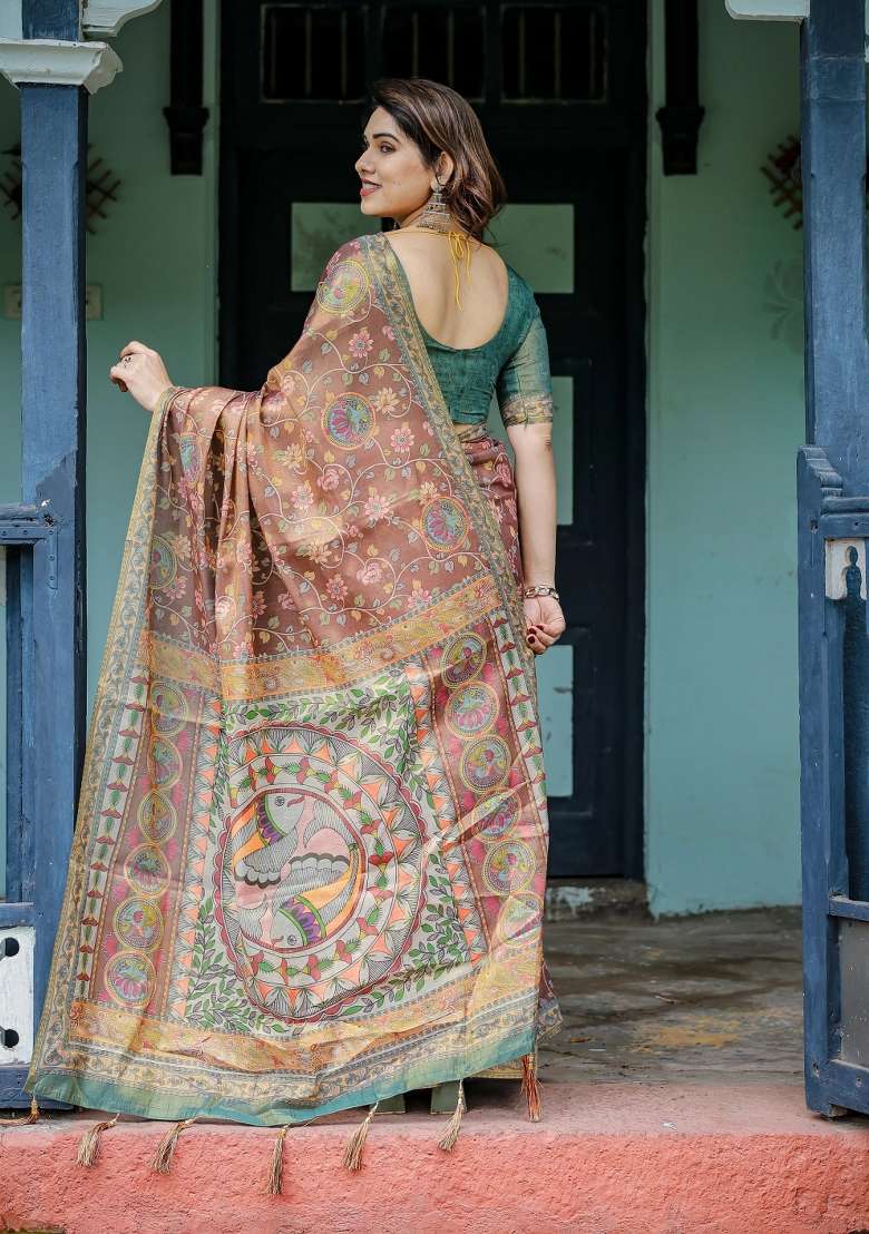 Rust Printed Cotton Saree Set - Indya