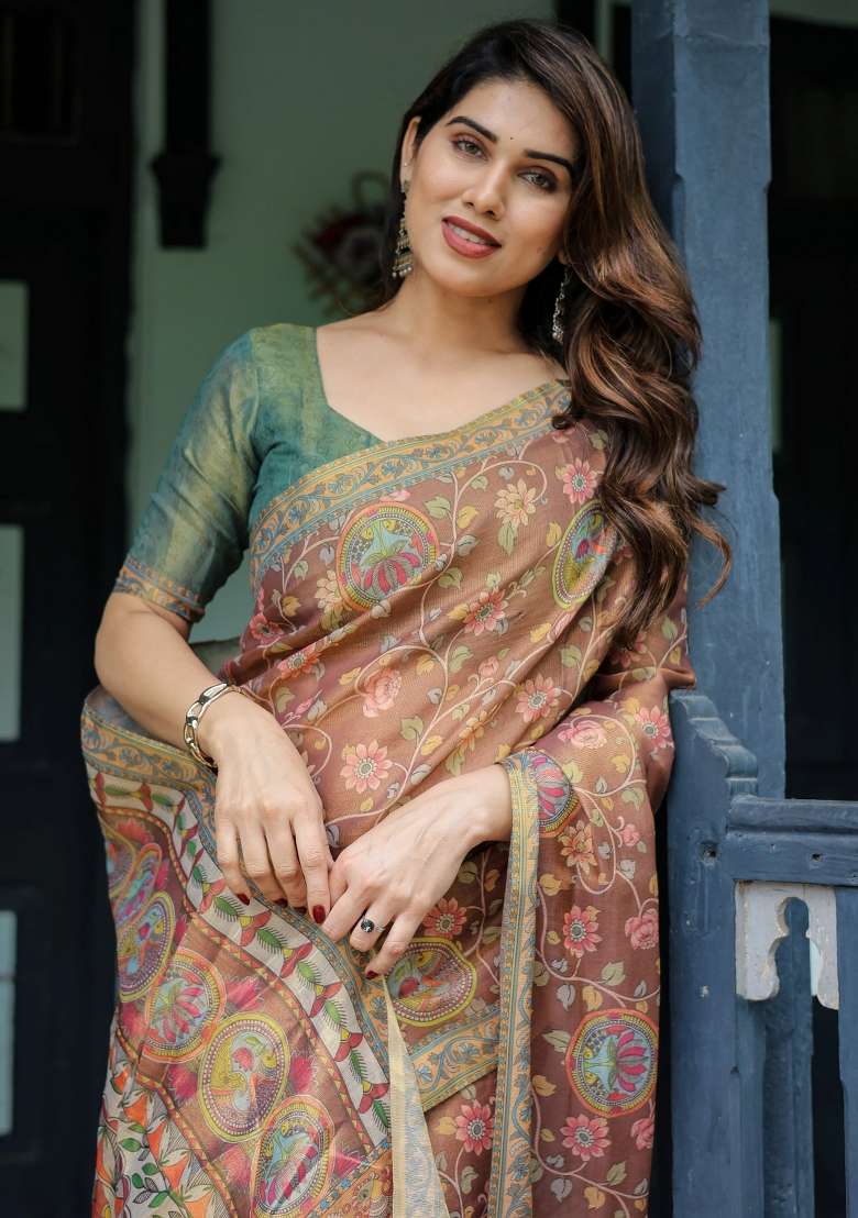 Rust Printed Cotton Saree Set - Indya