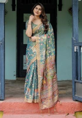 Blue Printed Cotton Saree Set