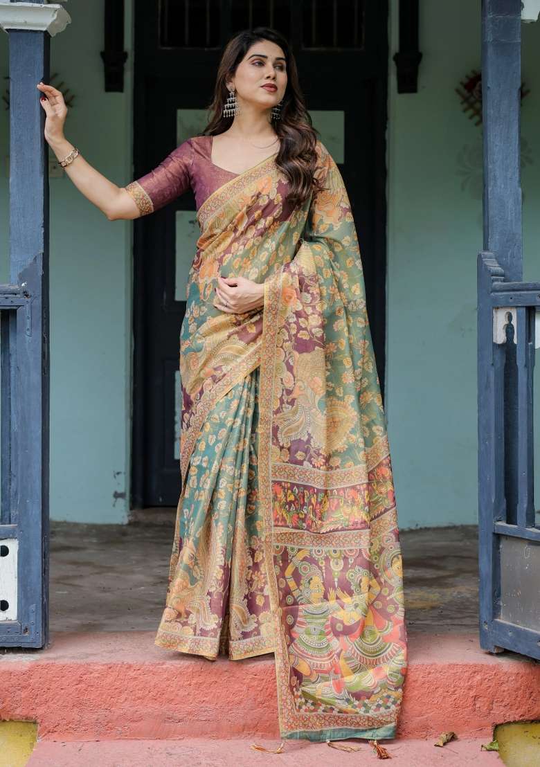 Multicolor Printed Cotton Saree Set - Indya