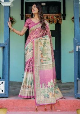 Magenta Printed Cotton Saree Set