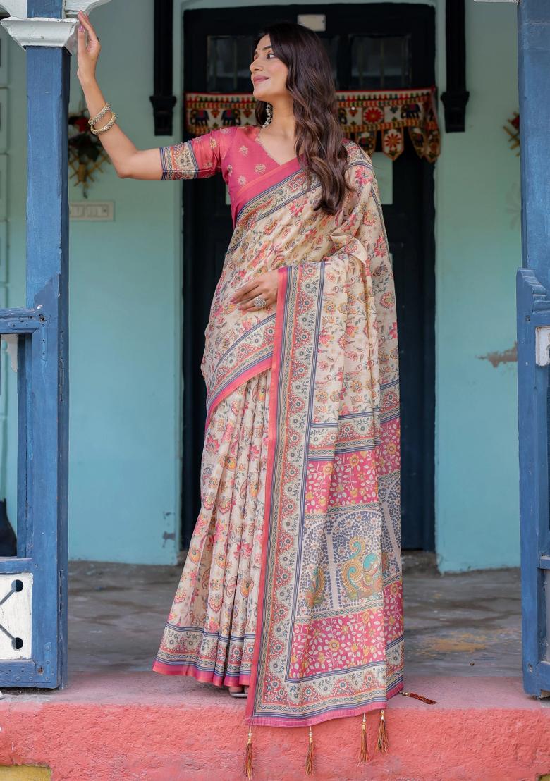 Ivory Printed Cotton Saree Set