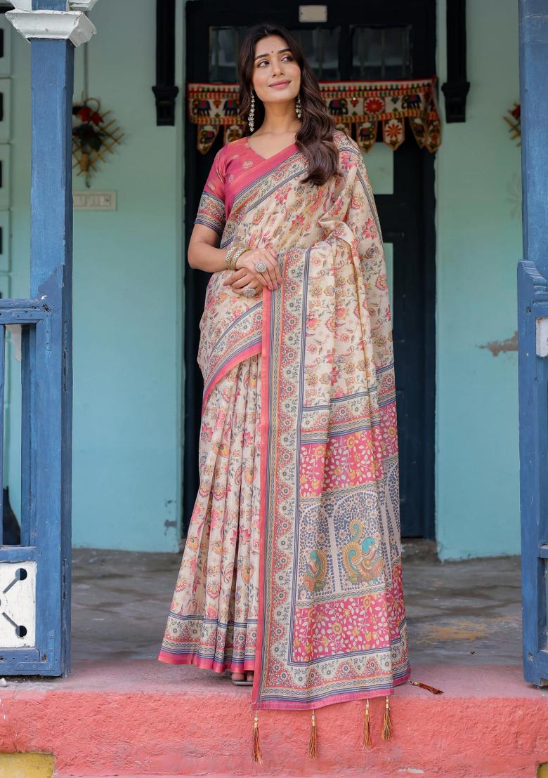 Ivory Printed Cotton Saree Set
