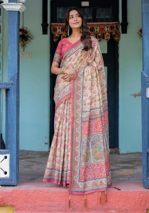 Ivory Printed Cotton Saree Set