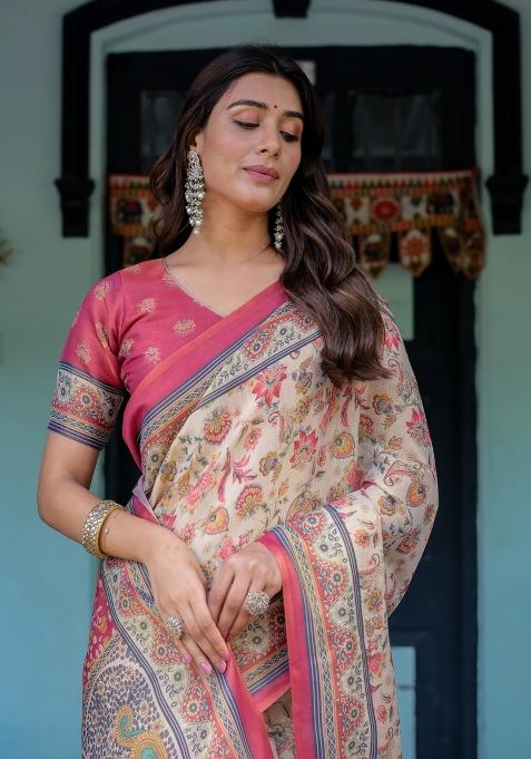 Ivory Printed Cotton Saree Set