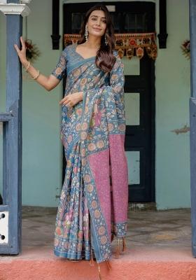 Blue Printed Cotton Saree Set