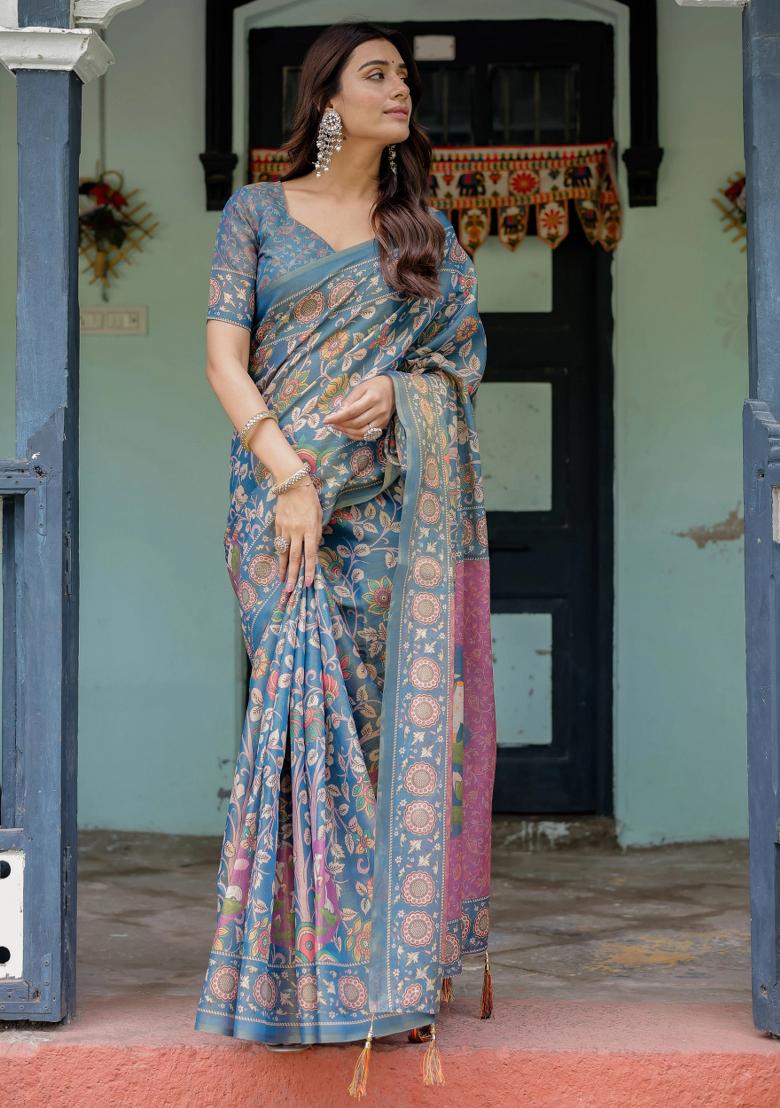 Blue Printed Cotton Saree Set - Indya