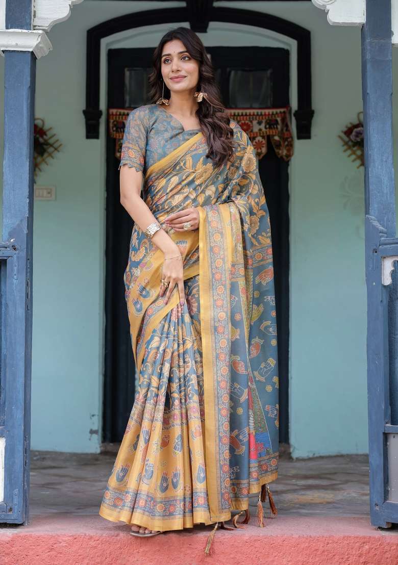 Mustard Printed Cotton Saree Set - Indya
