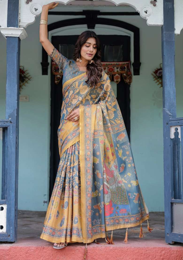 Mustard Printed Cotton Saree Set - Indya
