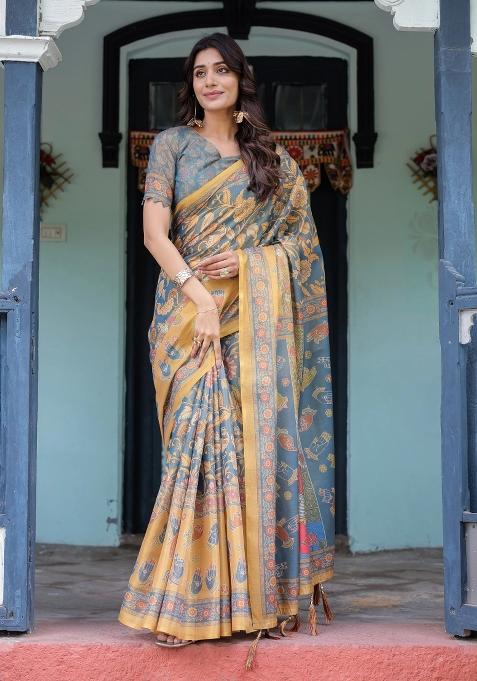 Mustard Printed Cotton Saree Set