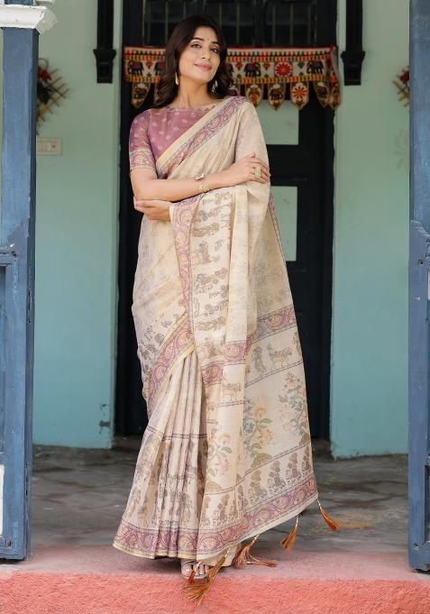 Beige Printed Cotton Saree Set