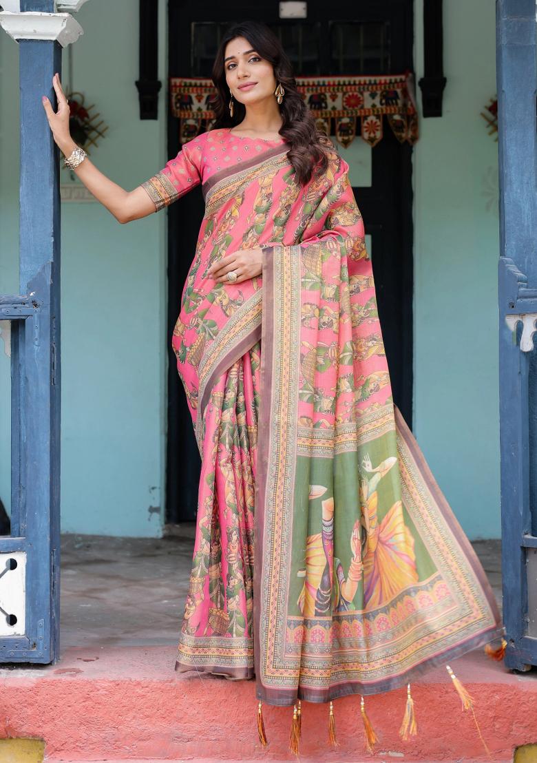 Coral Printed Cotton Saree Set - Indya