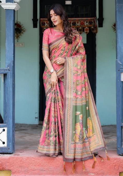 Coral Printed Cotton Saree Set