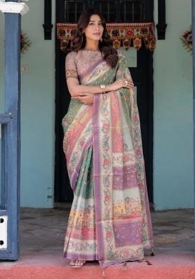 Green Printed Cotton Saree Set