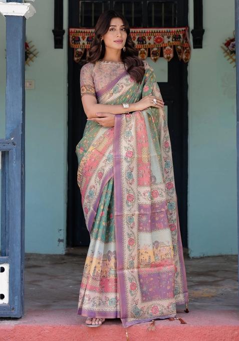 Green Printed Cotton Saree Set