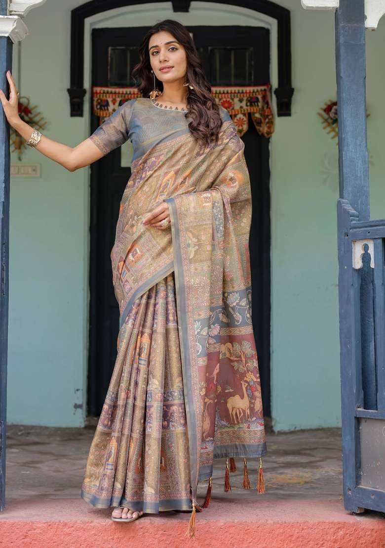 Rust Printed Cotton Saree Set - Indya