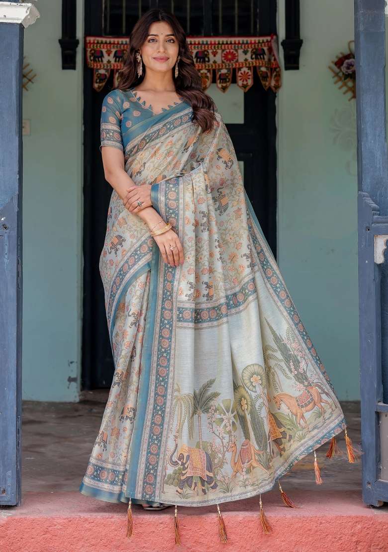 Multicolor Printed Cotton Saree Set - Indya