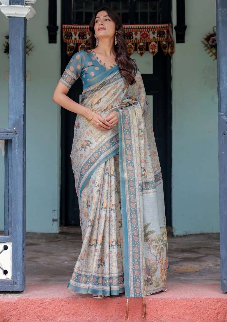 Multicolor Printed Cotton Saree Set - Indya