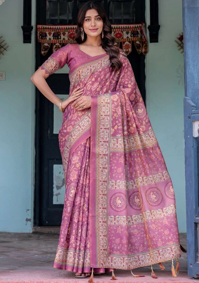 Plum Printed Cotton Saree Set - Indya