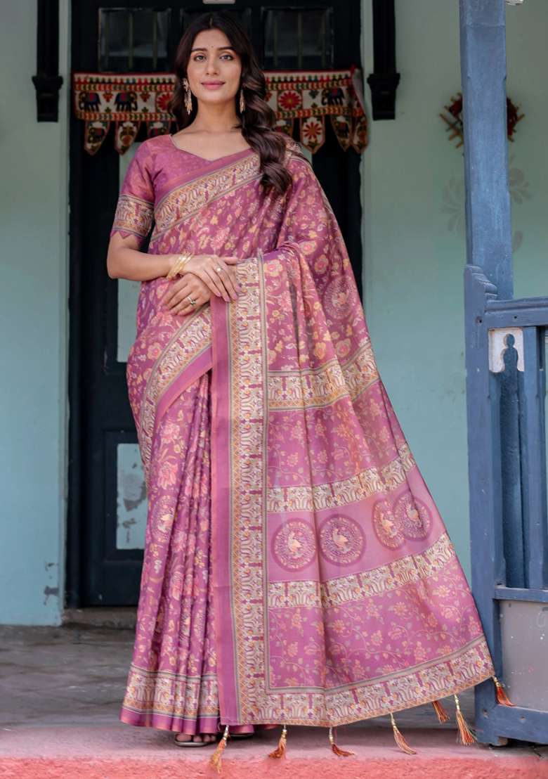 Plum Printed Cotton Saree Set - Indya