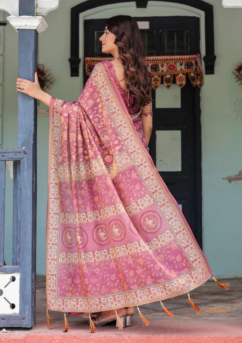 Plum Printed Cotton Saree Set - Indya
