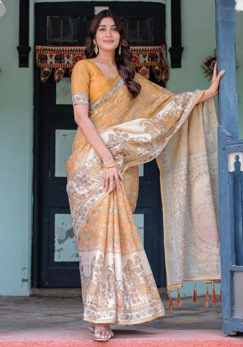 Golden Printed Cotton Saree Set