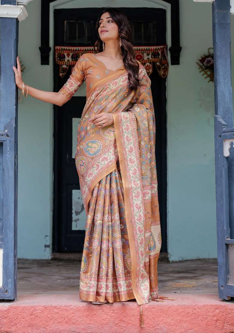 Peach Printed Cotton Saree Set - Indya